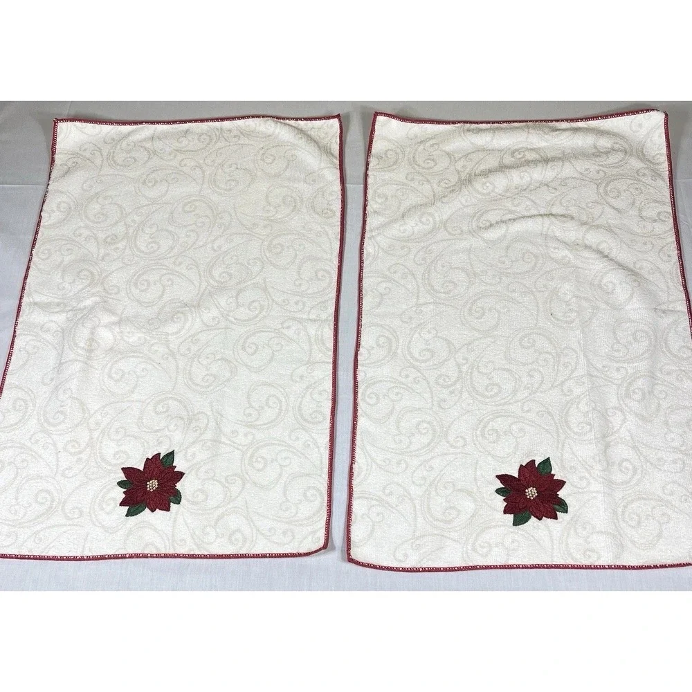 Set of 2 Christmas Poinsettia Hand Towels Embroidered Holiday Towels